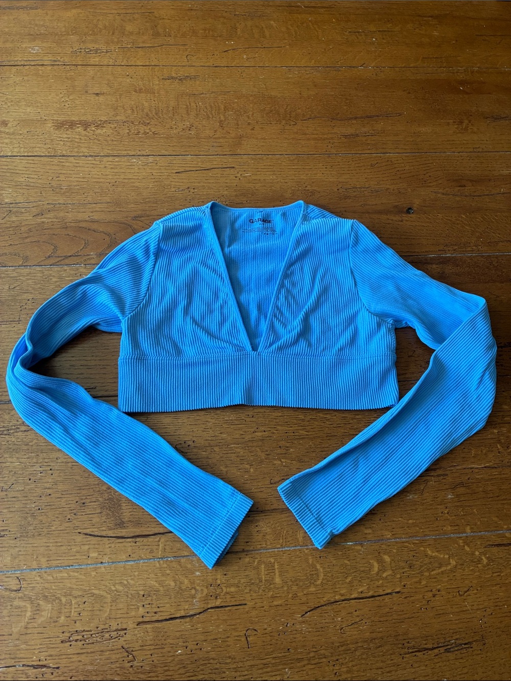 Garage Ribbed V-Neck Cropped Top - Blue